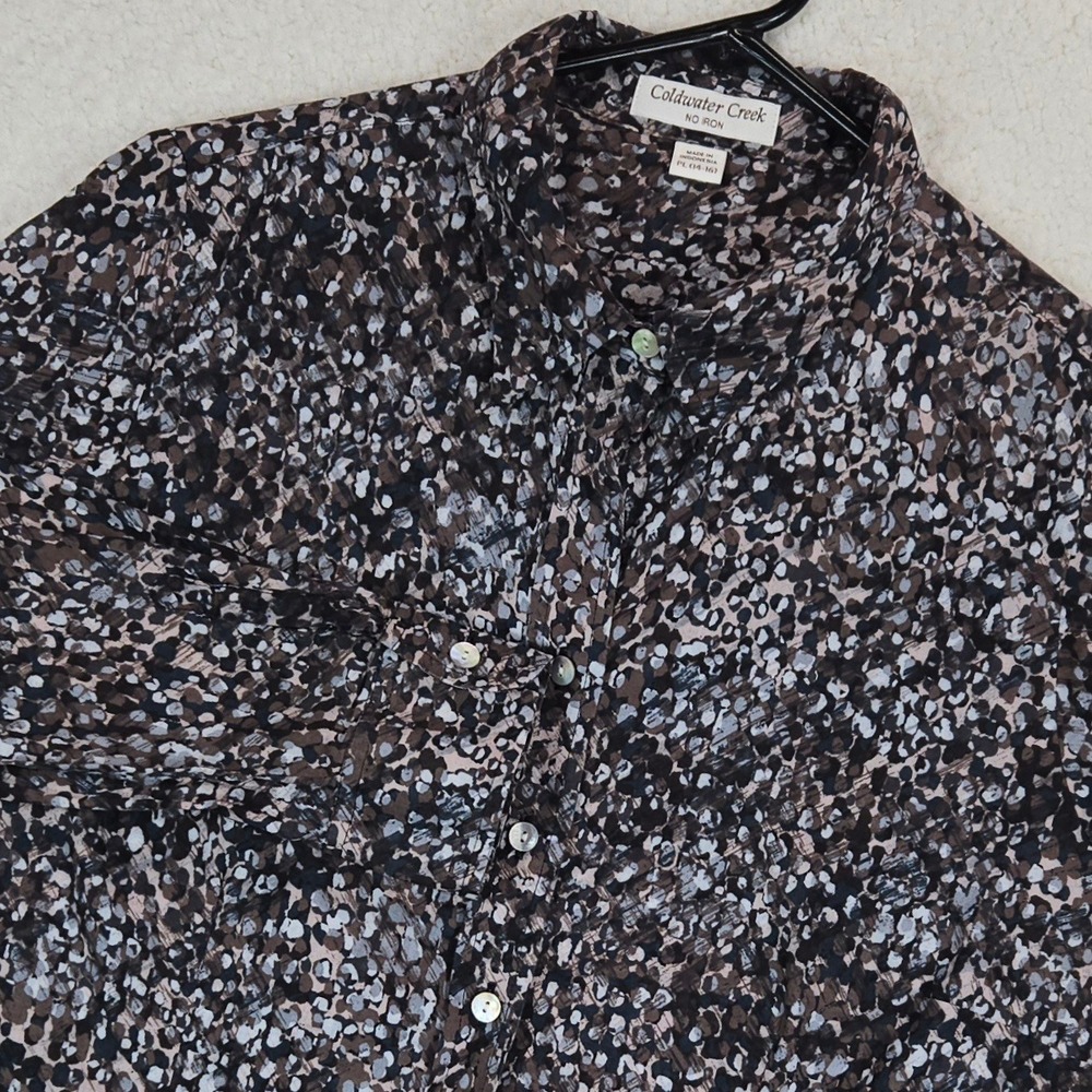 Coldwater Creek No Iron Blouse Womens PL Petite Brown Gray Abstract Pebble Print